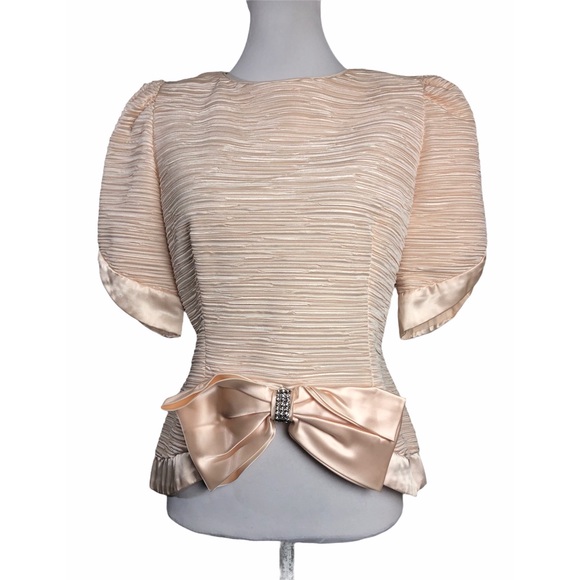 Vintage Tops - Vintage 80s Top Blush Pink Puff Sleeve Crinkle
